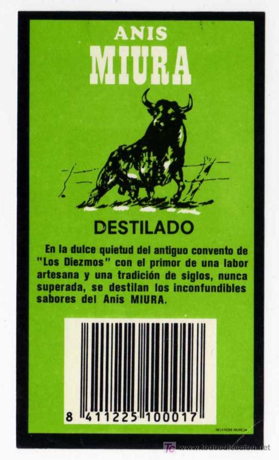 Alte Etiketten: CONTRA-ETIQUETA ANIS MIURA (TORO) - DESTILERIAS DE CAZALLA - CAZALLA DE LA SIERRA (SEVILLA)