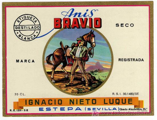 Alte Etiketten: ETIQUETA ANIS BRAVIO (BANDOLERO Y CABALLO) - IGNACIO NIETO LUQUE - ESTEPA (SEVILLA)