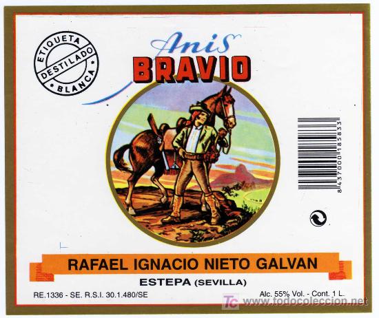 Etichette antiche: ETIQUETA ANIS BRAVIO (BANDOLERO Y CABALLO) - RAFAEL IGNACIO NIETO GALVAN - ESTEPA (SEVILLA)
