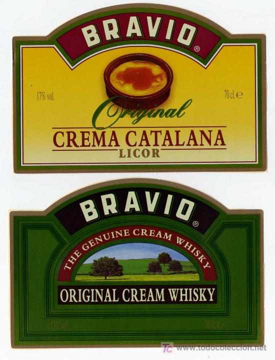 Etichette antiche: ETIQUETA LICOR CREMA CATALANA Y CREAM WHISKI BRAVIO- RAFAEL IGNACIO TIERNO GALVAN - ESTEPA (SEVILLA)