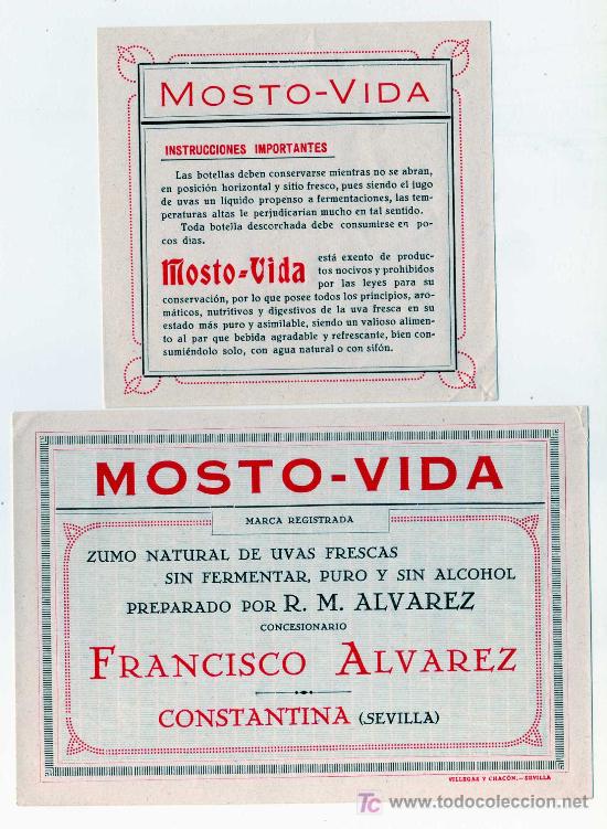Alte Etiketten: CURIOSA ETIQUETA - MOSTO-VIDA - FRANCISCO ALVAREZ - CONSTANTINA (SEVILLA)