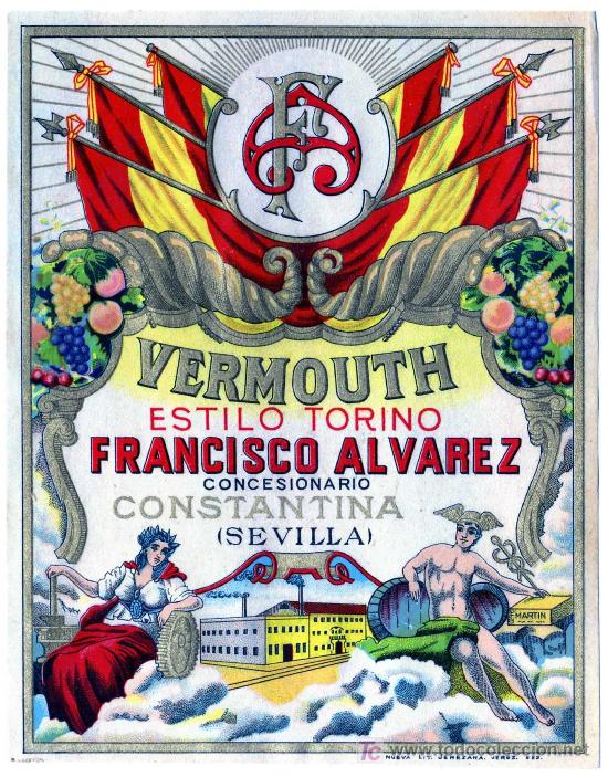 Old Labels: ETIQUETA VERMOUTH- FRANCISCO ALVAREZ - CONSTANTINA (SEVILLA)