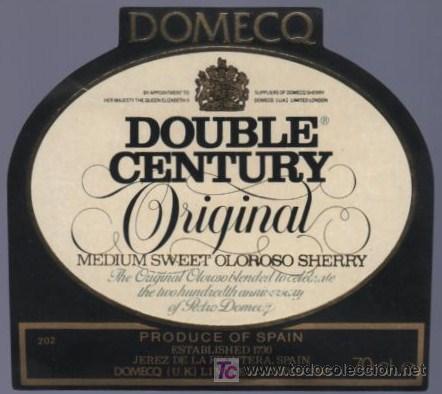 Alte Etiketten: ETIQUETA DE DOUBLE CENTURY ORIGINAL. PEDRO DOMECQ. JEREZ. ESPA&Ntilde;A.