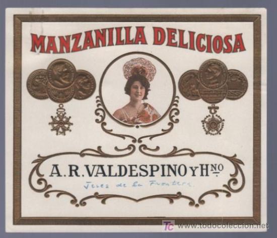 Old Labels: ETIQUETA DE MANZANILLA DELICIOSA. A. R. VALDESPINO Y HNO. JEREZ. ESPA&Ntilde;A.