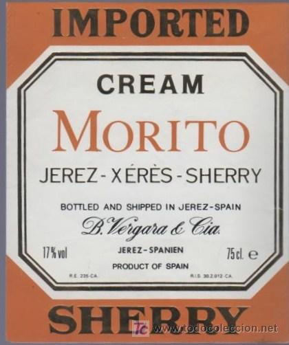 Old Labels: ETIQUETA DE CREAM MORITO. B. VERGARA Y CIA. JEREZ. ESPA&Ntilde;A.