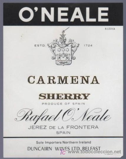 Alte Etiketten: ETIQUETA DE CARMENA. RAFAEL O&acute;NEALE. JEREZ. ESPA&Ntilde;A.