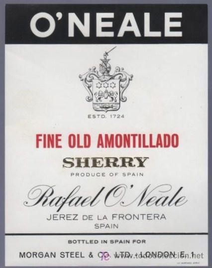 Old Labels: ETIQUETA DE FINO OLD AMONTILLADO. RAFAEL O&acute;NEALE. JEREZ. ESPA&Ntilde;A.