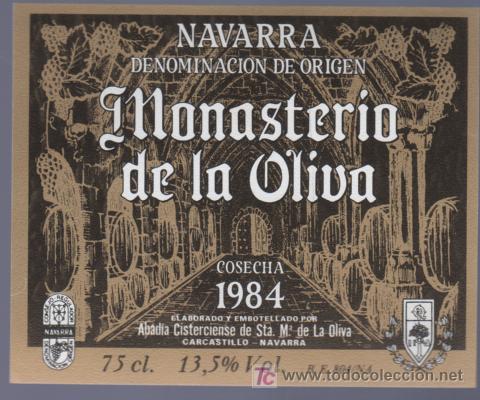 Etichette antiche: CARCASTRILLO. NAVARRA. ETIQUETA DE VINO MONASTERIO DE LA OLIVA. ABADIA CISTERCIENSE. COSECHA 1984.