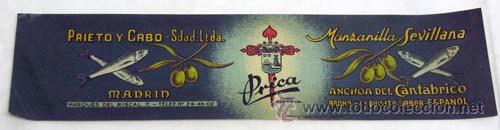 Etiquetas antigas: Etiqueta aceitunas rellenas anchoa Prica Prieto y Cabo Madrid Manzanilla sevilla y anchoa cantabrico