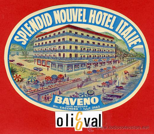Etiquetas antiguas: ETIQUETA HOTEL -HOTEL ITALIE-BAVENO-DATADA-ILUSTRACION-OVAL-135-HUECO