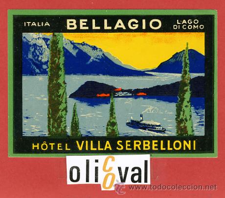 Etiquetas antiguas: ETIQUETA HOTEL -HOTELVILLA SERBELLONI- - BELLAGIO-DATADA-ILUSTRACION-115 X 80-mm-HUECO