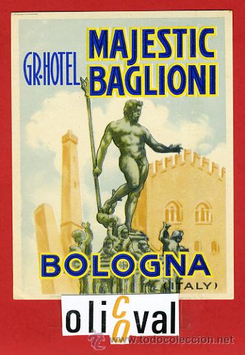 Etiquetas antiguas: ETIQUETA HOTEL -HOTEL MAJESTIC BAGLIONI-BOLOGNA - 110 X85 mm.-ILUSTRACION -HUECO