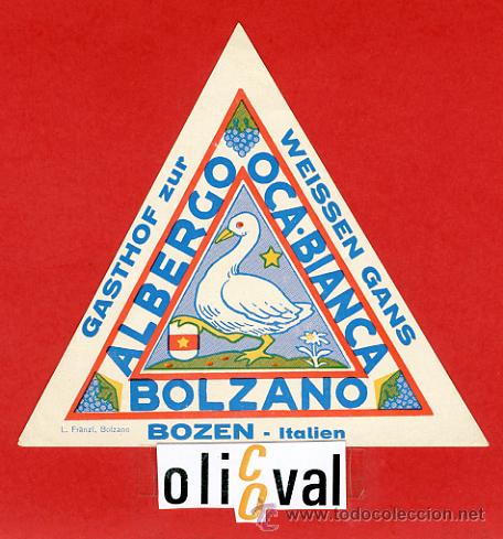 Etiquetas antiguas: ETIQUETA HOTEL -HOTEL  OCA BLACA BOLZANO  - ILUSTRACION-102X  110 mm.-HUECO-