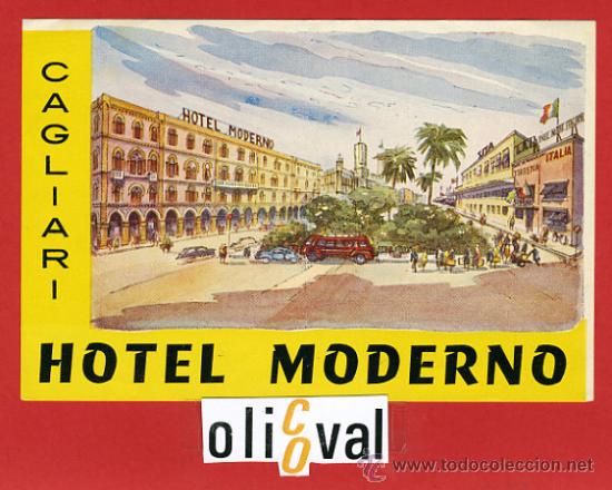 Etiquetas antiguas: ETIQUETA HOTEL -HOTEL MODERNO-  CAGLIARI HOTEL MODERNO -ILUSTRACION -140X95   mm.-HUECO-