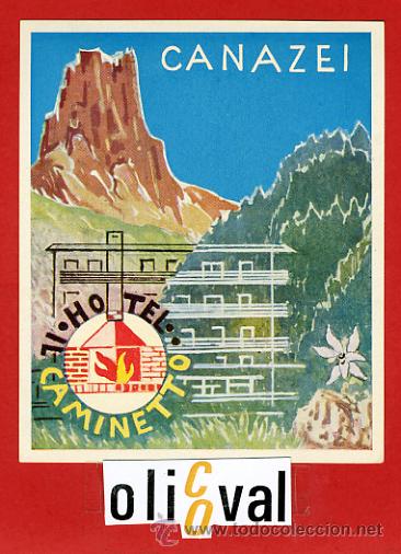 Etiquetas antiguas: ETIQUETA HOTEL -HOTEL CAMINETTO-  CANAZEI  -ILUSTRACION - 105X90  mm.-HUECO-