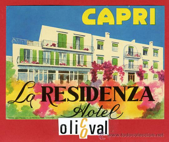 Etiquetas antiguas: ETIQUETA HOTEL - ITALIA-HOTEL  LA RESIDENZA - CAPRI-DATADA-FIRMADA -ILUSTRACION- 145X105 mm.-HUECO-