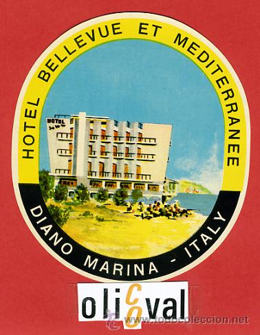 Etiquetas antiguas: ETIQUETA HOTEL -ITALIA-HOTEL BELLEVUE ET NEDITERRANEE-DIANO MARINA-OVAL-110 mm -HUECO