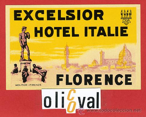 Etiquetas antiguas: ETIQUETA HOTEL -ITALIA -EXCELSIOR -FIRENZE- GIGA HOTEL-DATADA- BARNIZADA - PEQUE&Ntilde;A 105X 65mm