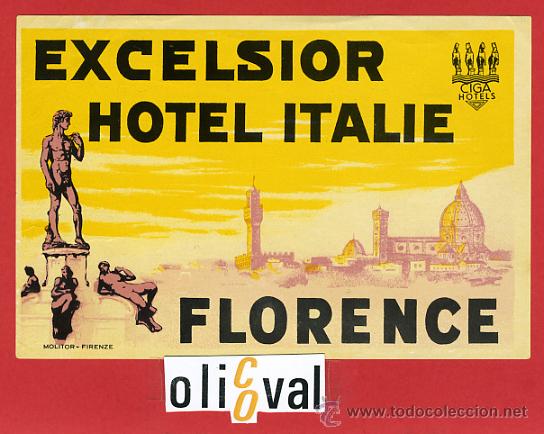 Etiquetas antiguas: ETIQUETA HOTEL -ITALIA -EXCELSIOR  -FIRENZE-GIGA HOTEL- DATADA- BARNIZADA - GRANDE 145X 955mm