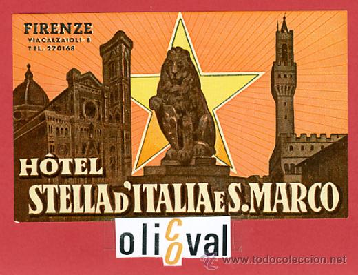 Etiquetas antiguas: ETIQUETA HOTEL -ITALIA- STELLA D&acute;ITALIA E S, MARCO- -FIRENZE - DATADA--  135X 80mm-