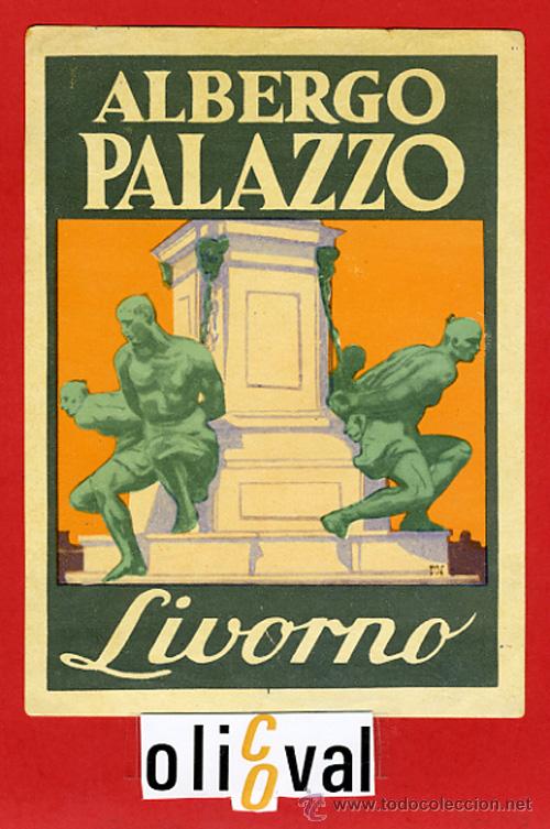 Etiquetas antiguas: ETIQUETA HOTEL-ITALIA -ALBERGO PALAZZO- LIVORNO -ILUSTRACION-BARNIZ-130X95  55 mm
