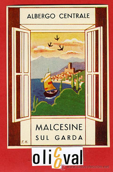 Etiquetas antiguas: ETIQUETA HOTEL-ITALIA -ALBERGO CENTRALE -MALCESINE- ILUSTRACION--FIRMADA-HUECO- 120X 90 mm