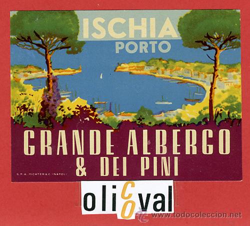 Etiquetas antiguas: ETIQUETA HOTEL-ITALIA -GRANDE ALBERGO  & DEL PINI- ISCHIA- ILUSTRACION  - HUECO- 110X84 mm