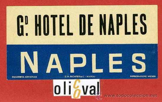 Etiquetas antiguas: ETIQUETA HOTEL - ITALIA-HOTEL  Gd,HOTEL DE NAPLES  -NAPLES-DATADA -TIPO-BARNIZ -140X 70 mm.-