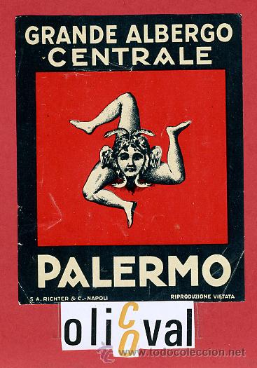 Etiquetas antiguas: ETIQUETA HOTEL - ITALIA-ALBERGO CENTRALE  -PALERMO- ILUSTRACION  DATADA BRILLO-HUECO-75X 95  mm.-