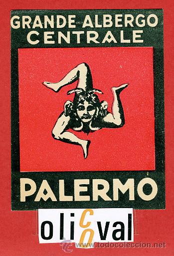 Etiquetas antiguas: ETIQUETA HOTEL -ITALIA- ALBERGO CENTRALE -PALERMO- ILUSTRACION DATADA MATE-HUECO-75X 95 mm.-