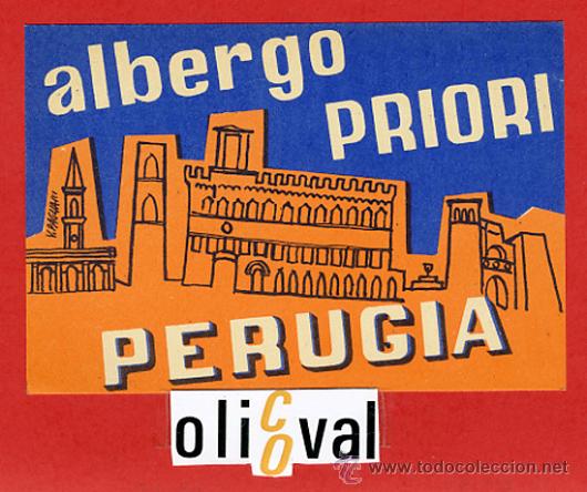 Etiquetas antiguas: ETIQUETA HOTEL - ITALIA-  ALBERGO PRIORI-PERUGIA- ILUSTRACION  -HUECO-115X 80 mm.-