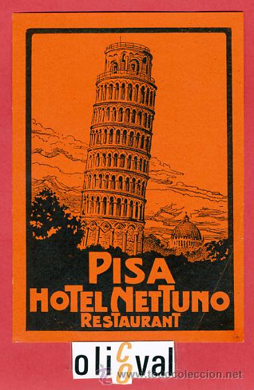 Etiquetas antiguas: ETIQUETA HOTEL - ITALIA- NEPTUNO  -PISA-TIPOGRAFICA  NARANJA  140 X 100- mm.-