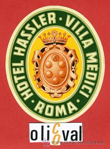 Etiquetas antiguas: ETIQUETA HOTEL - ITALIA-HASSLER.VILLA MEDICI -ROMA -ILUSTRACION - HUECO-OVAL  95-mm