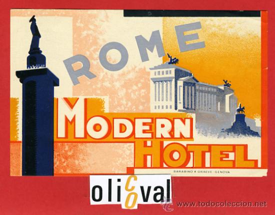 Etiquetas antiguas: ETIQUETA HOTEL - ITALIA-MODERN   -ROMA - ILUSTRACION DATADA DATADA-HUECO- 140 X  90 mm