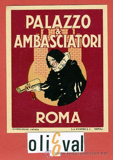 Etiquetas antiguas: ETIQUETA HOTEL - ITALIA- PALAZZO &AMBASSCIATORI -ROMA - ILUSTRACION DATADA  BARNIZ-HUECO- 80X 100 mm