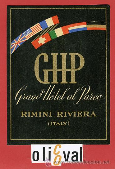 Etiquetas antiguas: ETIQUETA HOTEL - ITALIA-HOTEL AL PARCO-RIMINI - RIVIERA- ILUSTRACION BARNIZ-  HUECO - 85X 120 mm
