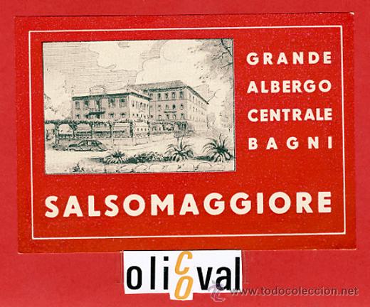 Etiquetas antiguas: ETIQUETA HOTEL - ITALIA-ALBERGO BAGNI -SALSOMAGGIORE- ILUSTRACION - TIPO- 125X 90 mm