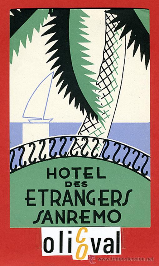 Etiquetas antiguas: ETIQUETA HOTEL - ITALIA-ETRANGERS - SANREMO - ILUSTRACION - HUECO-- 122X 80 mm