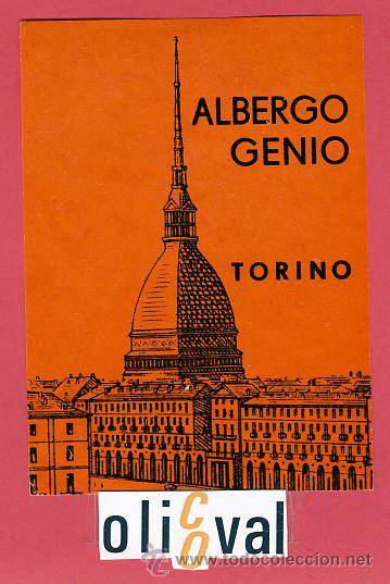 Etiquetas antiguas: ETIQUETA HOTEL - ITALIA-  ALBERGO GENIO -TORINO- ILUSTRACION  -HUECO-80X110 mm.-