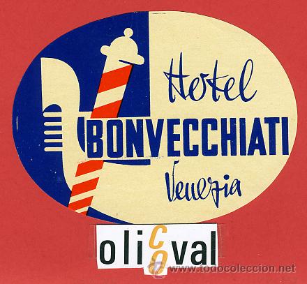 Etiquetas antiguas: ETIQUETA HOTEL - ITALIA-HOTEL BONVECCHIATI -VENECIA-  ILUSTRACION  -HUECO-OVAL -102 mm.-