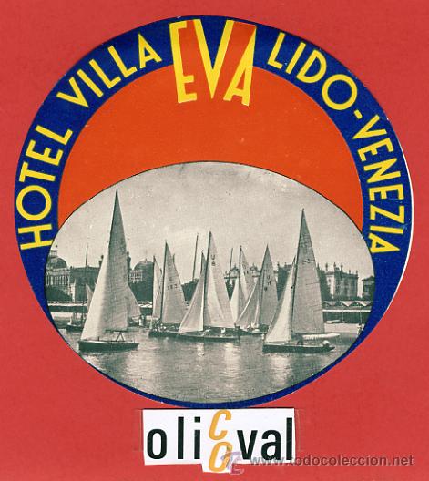 Etiquetas antiguas: ETIQUETA HOTEL - ITALIA-VILLA-EVA-LIDO- - VENECIA- ILUSTRACION -HUECO -DIAMETRO 105mm.-