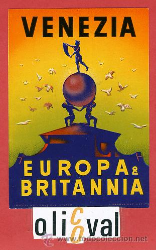 Etiquetas antiguas: ETIQUETA HOTEL - ITALIA-EUROPA BRITANIA - VENECIA - ILUSTRACION BARNIZ-HUECO-100X 70 mm.-