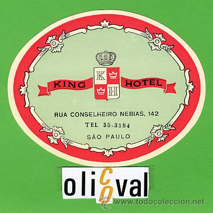 Etiquetas antiguas: ETIQUETA HOTEL - BRASIL -KING HOTEL  -SAO PAULO,-ILUSTRACION DATADA   100  mm