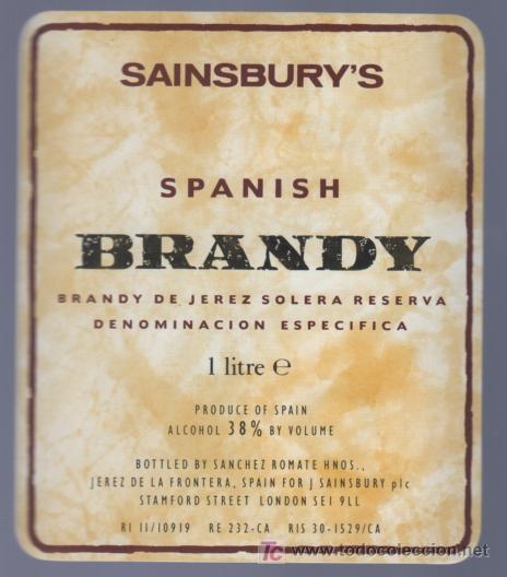 Etichette antiche: ETIQUETA DE VINO. BRANDY SAINSBURY&acute;S. SANCHEZ ROMATE HNOS. JEREZ. CADIZ.