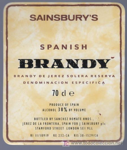 Etichette antiche: ETIQUETA DE VINO. BRANDY SAINSBURY&acute;S. SANCHEZ ROMATE HNOS. JEREZ. CADIZ.