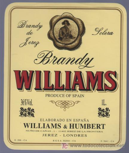 Etichette antiche: ETIQUETA DE VINO. BRANDY DE JEREZ. WILLIAMS. SOLERA. WILLIAMS Y HUMBERT. JEREZ. CADIZ.