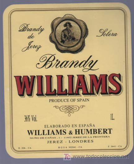 Etichette antiche: ETIQUETA DE VINO. BRANDY DE JEREZ. WILLIAMS. SOLERA. WILLIAMS Y HUMBERT. JEREZ. CADIZ.