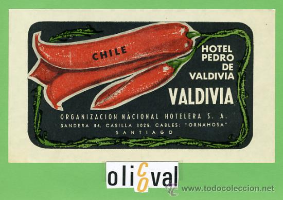 Etiquetas antiguas: ETIQUETA  HOTEL - CHILE -HOTEL VALDIVIA -SANTIAGO -ILUSTRACION  DATADA-HUECO163X95- mm -