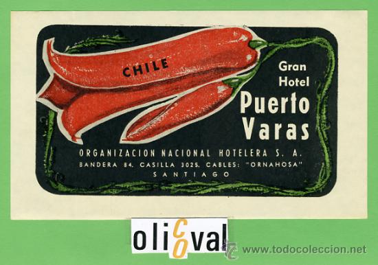 Etiquetas antiguas: ETIQUETA  HOTEL - CHILE -HOTEL PUERTO VARAS  -SANTIAGO -ILUSTRACION  DATADA-HUECO163X95- mm -