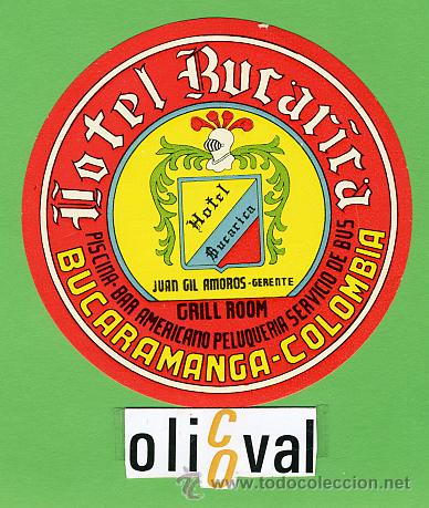 Etiquetas antiguas: ETIQUETA HOTEL - COLOMBIA - HOTEL BUCARICA -BUCARAMANGA -ILUSTRACION - DIAMETRO 85 mm -